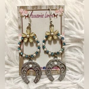 Silver horseshoe, yellow flower, blue and white cowgirl earrings